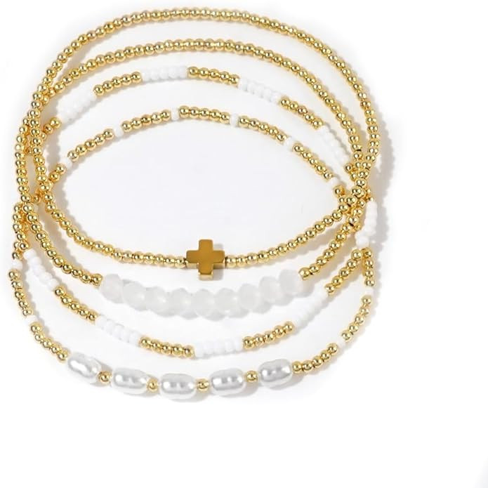 Trendy 14K Gold Plated Pearl Crystal Cross Beaded Paperclip Stack Bracelets Sets for Women,4Pcs S... | Amazon (US)