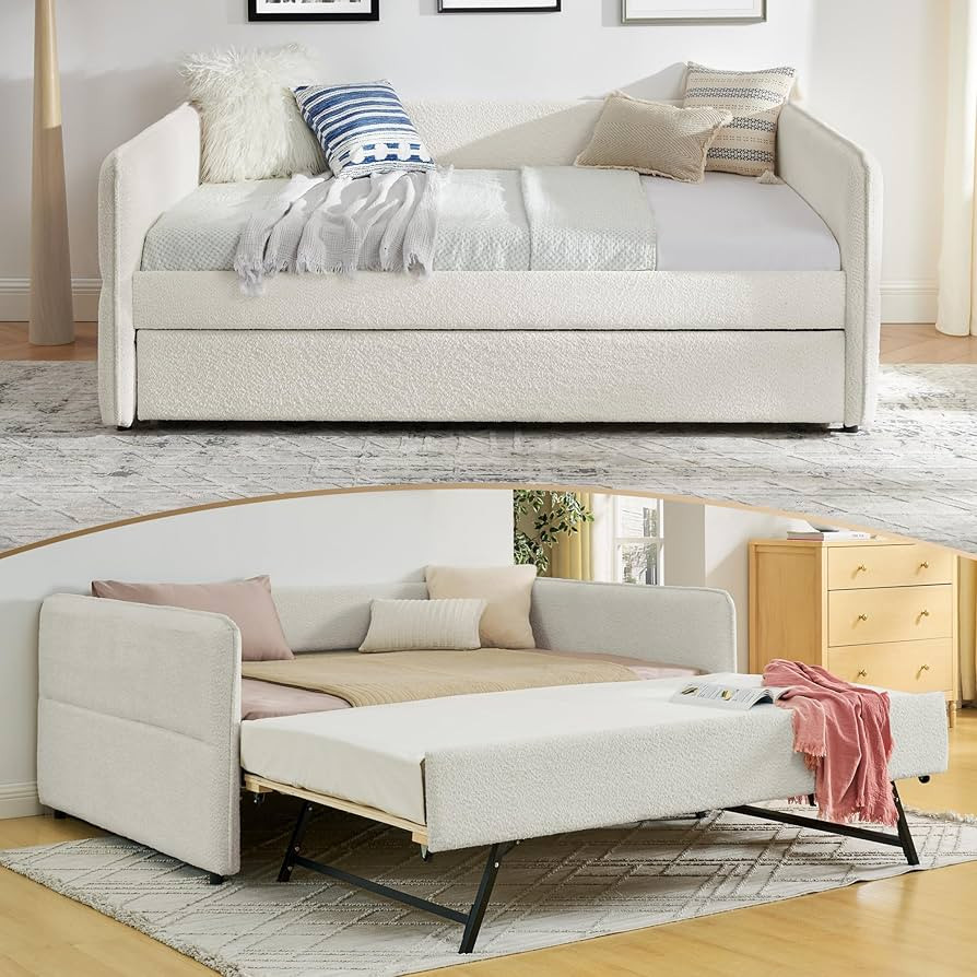 Twin Size Daybed with Pop Up Trundle, Boucle Upholstered Daybed with Trundle, Twin Size Sofa Bed ... | Amazon (US)