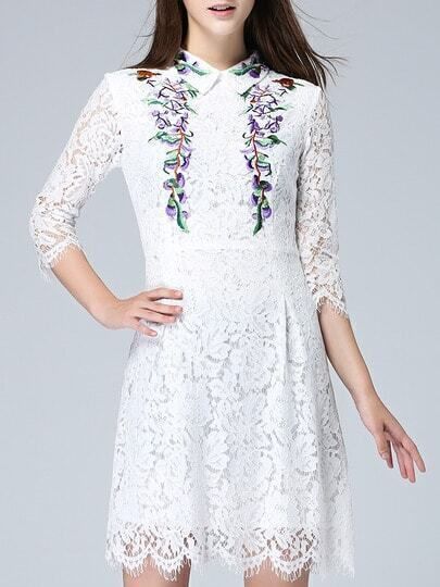 White Lapel Length Sleeve Embroidered Lace Dress | SHEIN