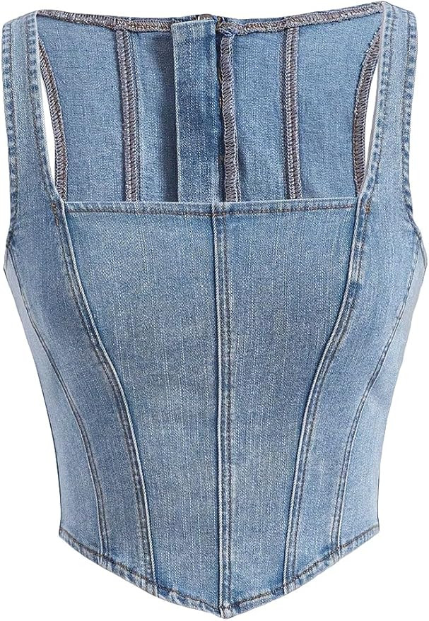 WDIRARA Women's Square Neck Sleeveless Zip Back Asymmetrical Denim Tank Crop Top at Amazon Women... | Amazon (US)