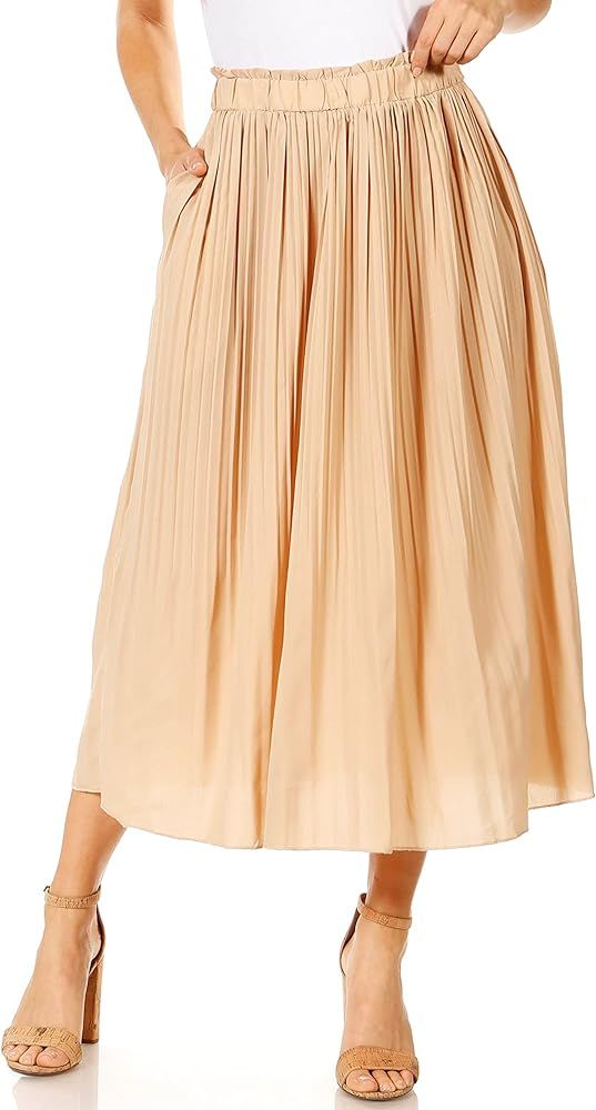 Pleated Midi Skirts for Women with Pockets, Elastic High Waisted Skirt Reg & Plus Size Womens Sum... | Amazon (US)