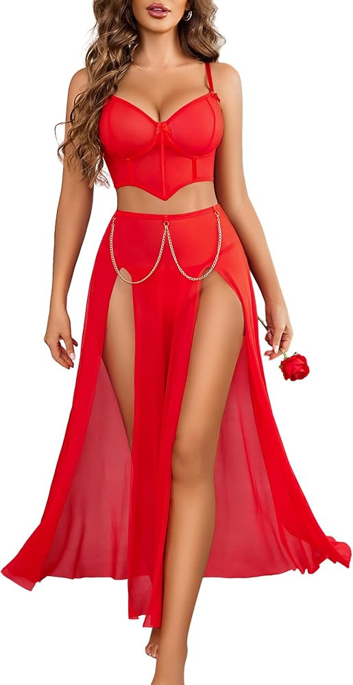 Avidlove Women Lingerie Babydoll Chemise 3 Piece Set Mesh Split Nightgown | Amazon (US)