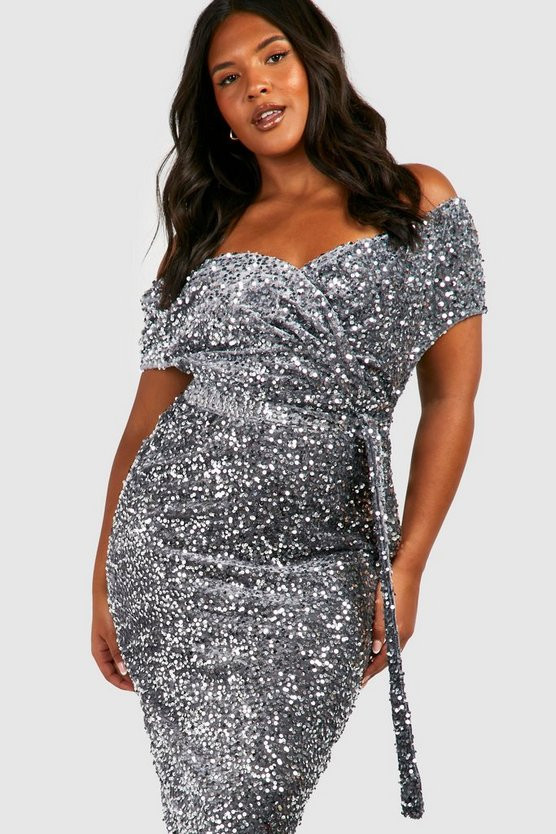 Plus Sequin Off The Shoulder Wrap Midi Dress | Boohoo.com (US & CA)