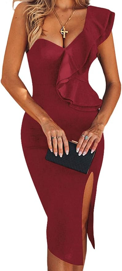 UONBOX Women's One Shoulder Sleeveless Knee Length Side Split Fashion Bandage Dress | Amazon (US)