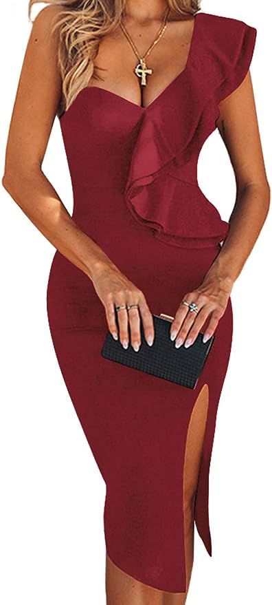 UONBOX Women's One Shoulder Sleeveless Knee Length Side Split Fashion Bandage Dress | Amazon (US)