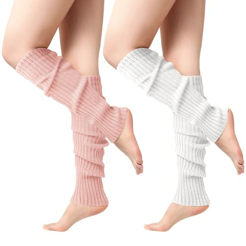 Clothirily Winter Leg Warmers - Fashion Knit Neon Leg Warmers for Women 80s Sports Party Yoga Accessories, White, Pink | Amazon (US)