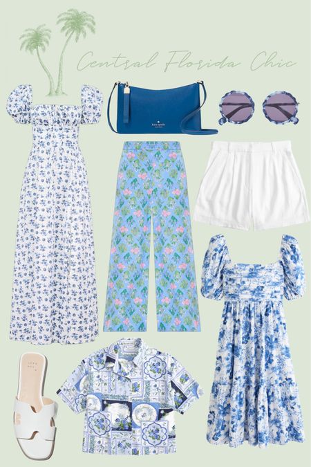 Packing for Greece. Blue and white floral and tile print dresses, shirts, and pants  