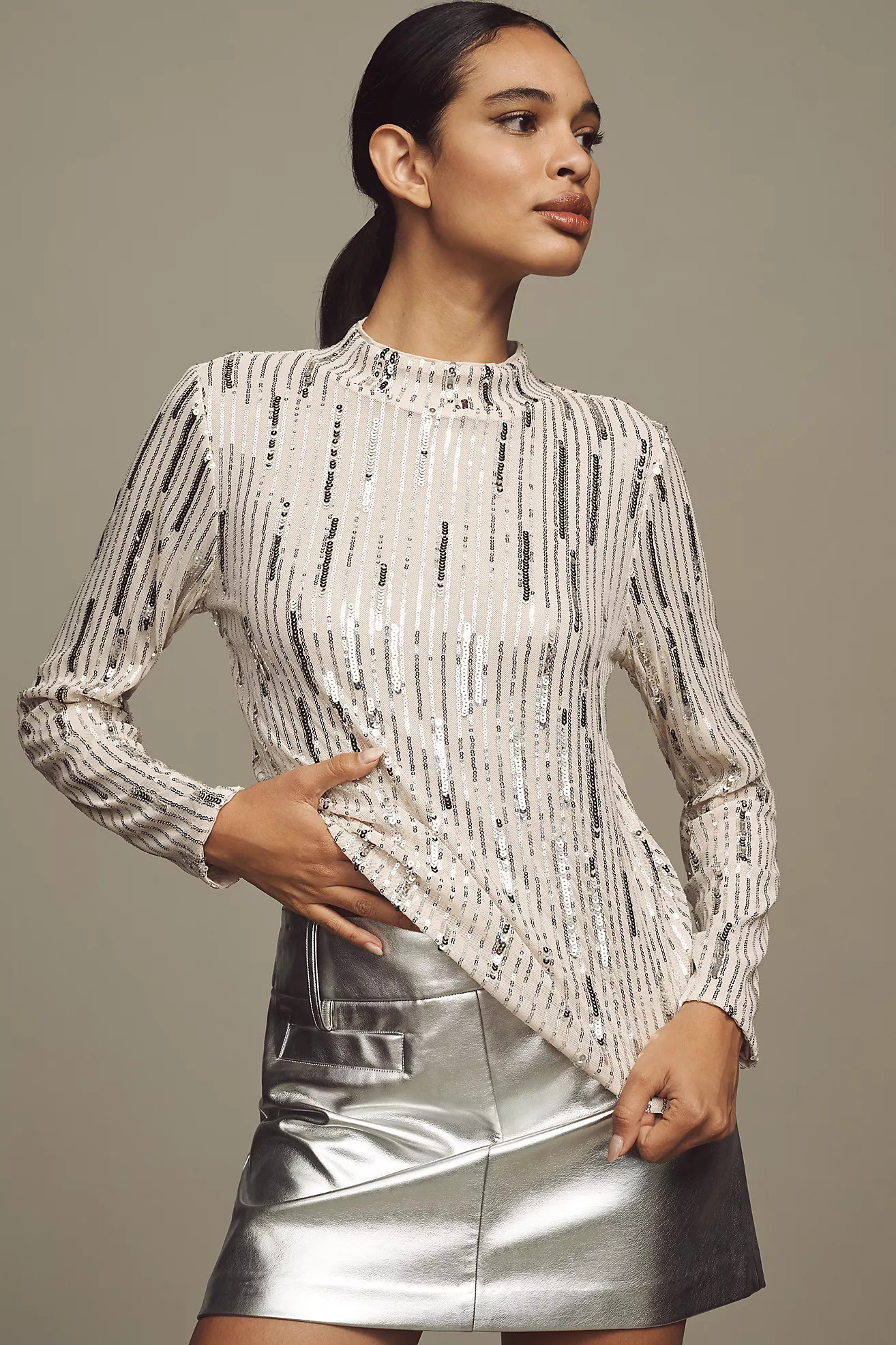 Sanctuary Long-Sleeve Mock-Neck Sequin Top | Anthropologie (US)