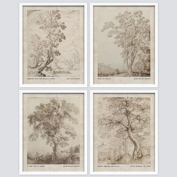 Vintage Landscape Sketch Antique Tree Framed On Paper 4 Pieces Print (Set of 4) | Wayfair North America