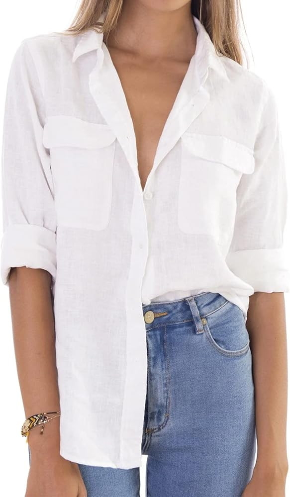 Womens Long Sleeves Relaxed fit Button Down Cotton Linen Casual Loose Shirts Blouse | Amazon (US)