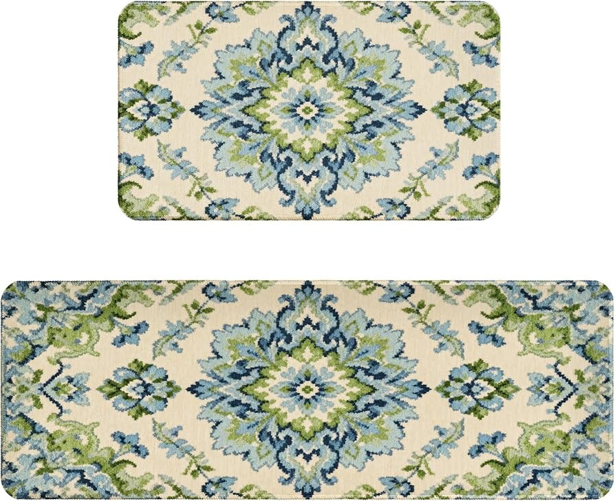 Vintage Boho Kitchen Mats for Floor Set of 2, Sage Green Blue Floral Carpet Pattern Kitchen Rugs,... | Amazon (US)
