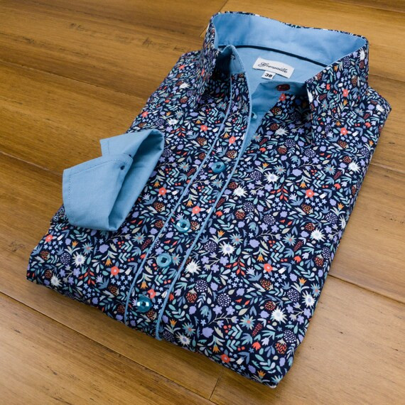 Ladies Long Sleeve Navy Doodle Flower Print Shirt / Blouse  | Etsy UK | Etsy (UK)