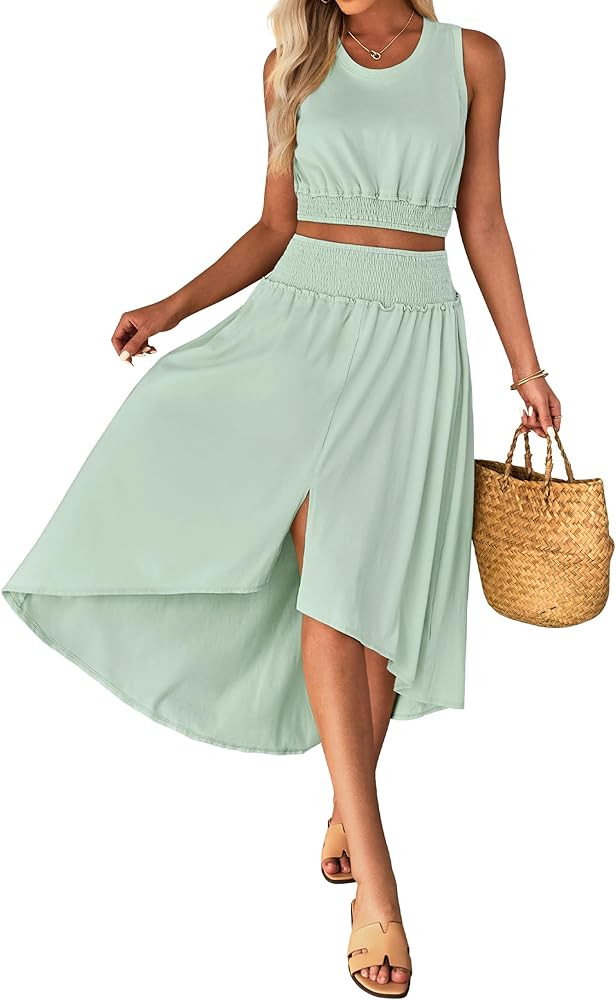 luvamia Two Piece Skirt Sets for Women Smocked Crop Top High Waisted High Low Split Maxi Skirt Co... | Amazon (US)