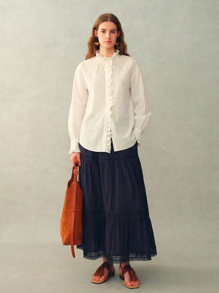 Cecilia Sand-Washed Ruffle-Trim French Blouse In Washed Cotton | Fabrique