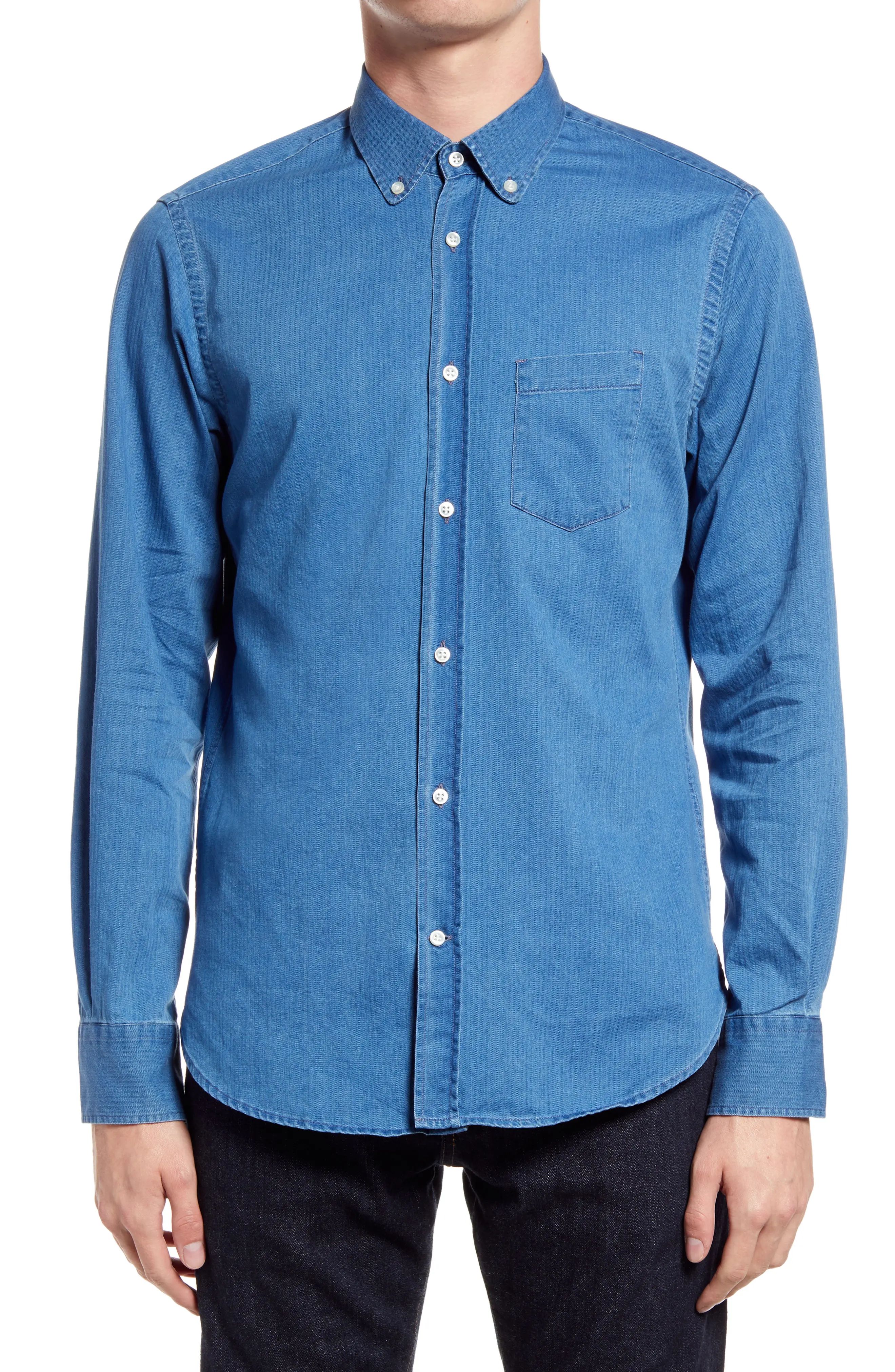 Men's Officine Generale Antime Textured Denim Button-N Shirt, Size XX-Large - Blue | Nordstrom
