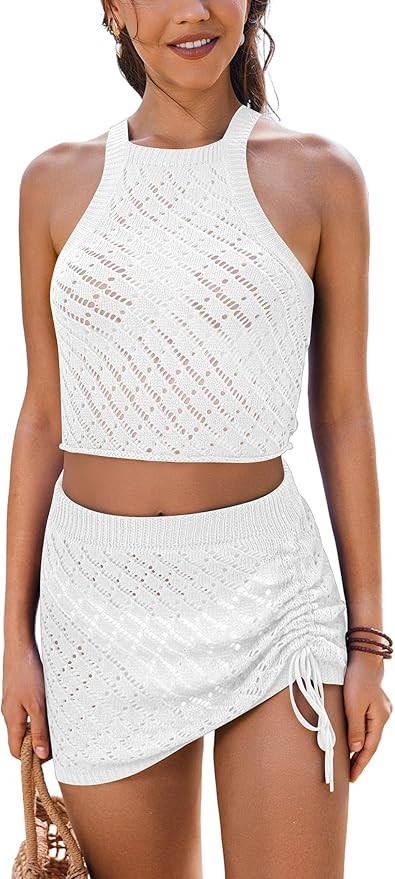 AI'MAGE Women's Crochet Cover Up Set Hollow Out Swimsuit Coverup 2 Piece Knit Beachwear with Draw... | Amazon (US)