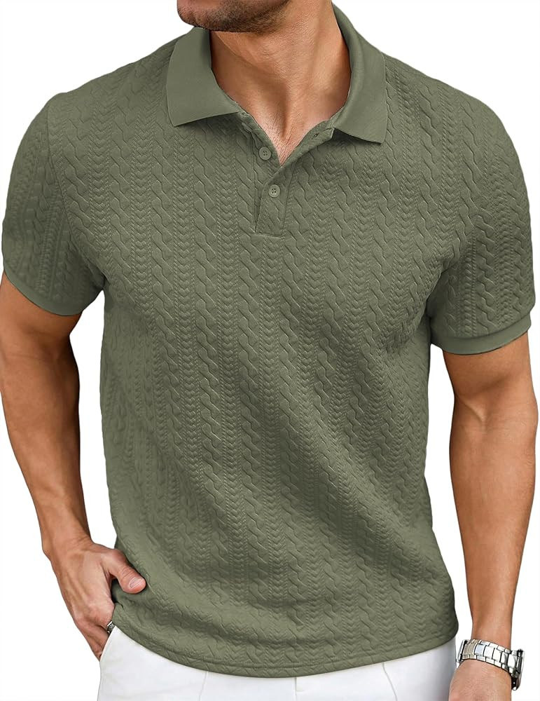 JMIERR Men's Casual Polo Shirt Knitted Textured Short Sleeve Stretch Golf Shirt Summer Vacation B... | Amazon (US)