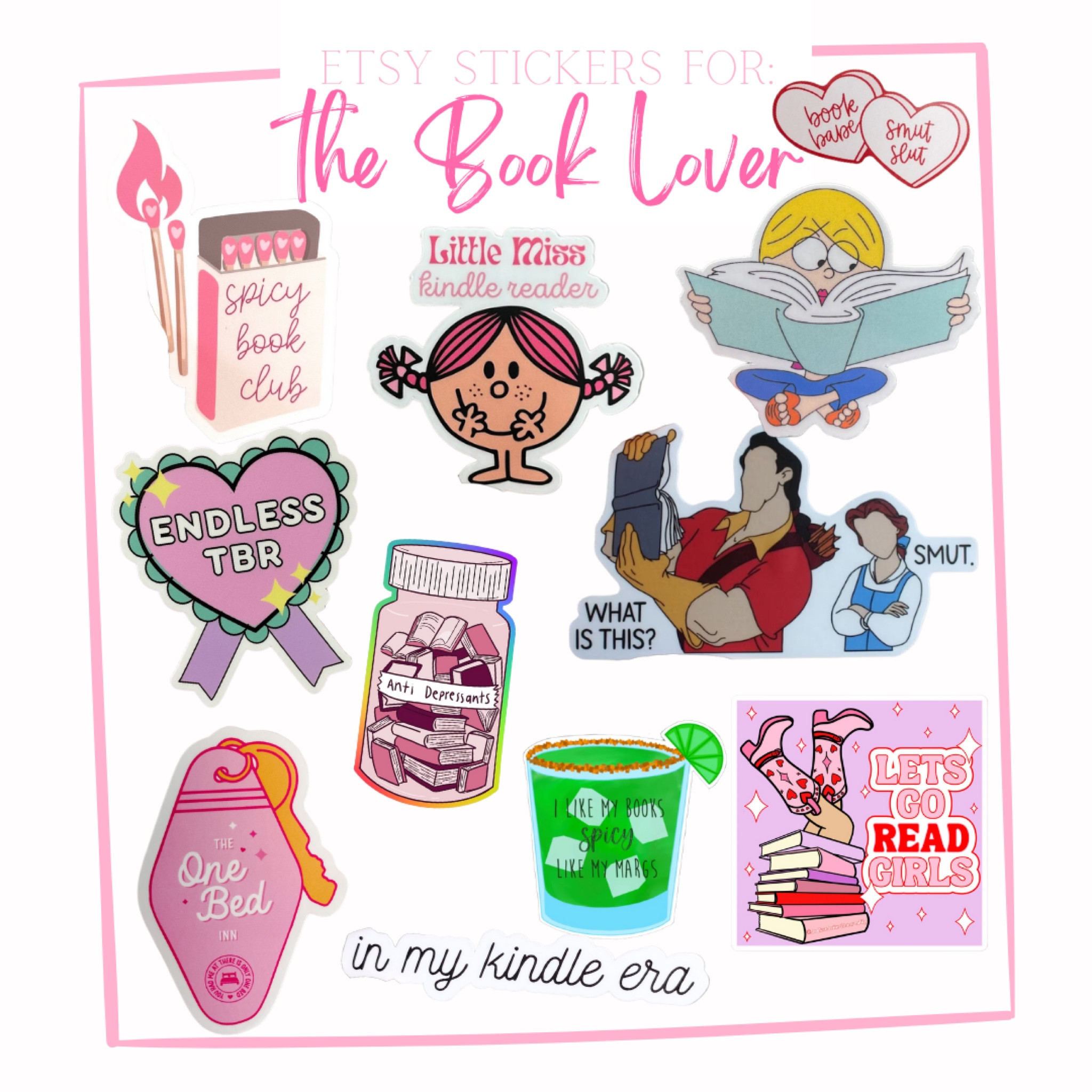 some of my favorite etsy stickers for the book lover

book stickers • kindle • smut • bookish • books • reader • book merch • booktok • book lover • book lovers • bookstagram • bookworm • book community • steamy books • spicy books • romance books

#LTKSeasonal #LTKFind #LTKunder50
