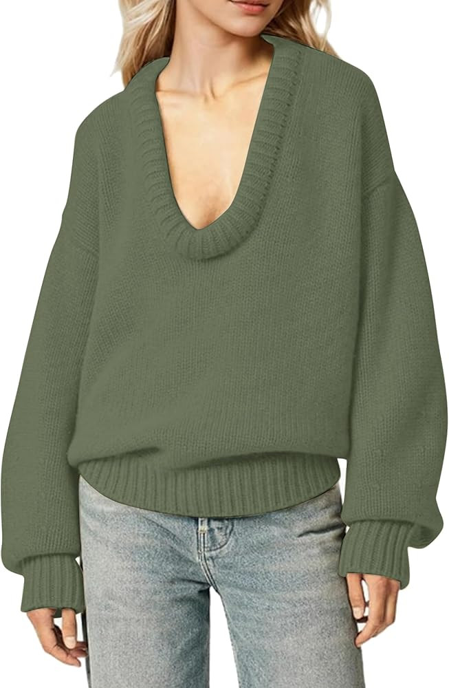 Women's Oversized U Neck Pullover Sweater Long Sleeve Knitted Sweater Chunky Trendy Fall Winter S... | Amazon (US)