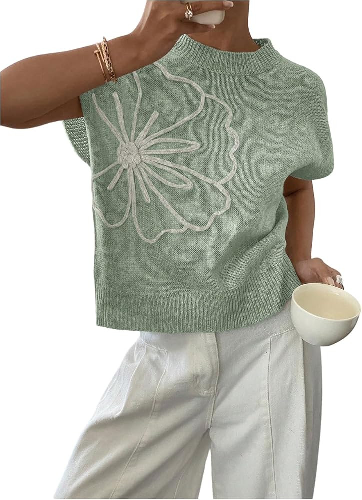 SOLY HUX Women's Ribbed Sweater Crew Neck Short Sleeve Loose Fit Floral Knit Pullover Tops | Amazon (US)