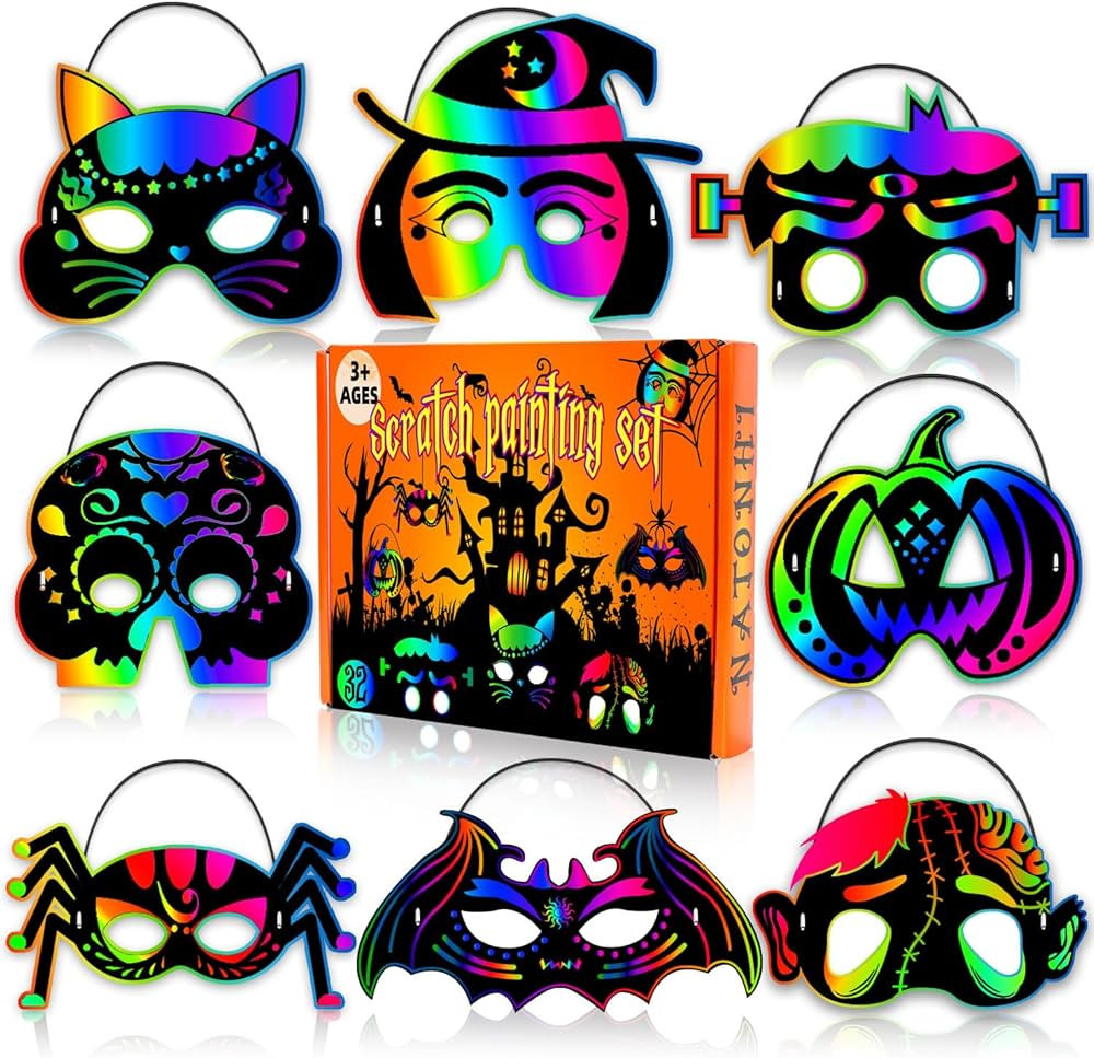Natonhi 32Pcs Halloween Crafts for Kids Rainbow Scratch Mask, Halloween Scratch Art and Craft Kit... | Amazon (US)