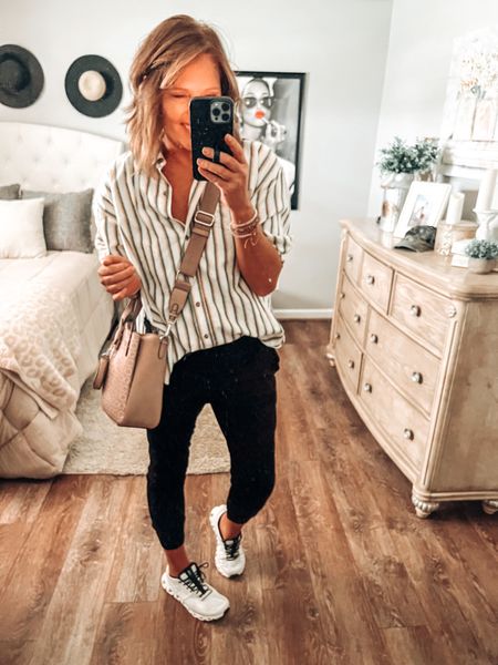 Oversized striped boyfriend shirt from Target styled with lightweight joggers with pockets also from Target. Both items fits tts. Calvin Klein crossbody with ON X sneakers in white and black 

Casual outfit, weekend outfits, fall outfits, fall fashion, joggers outfit, target finds, target outfits, target style, everyday outfit, fashion over 40, fall trends 

#LTKshoecrush #LTKsalealert #LTKunder50