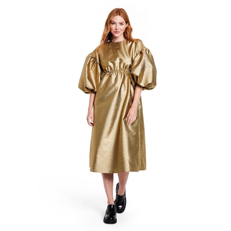 Women's Puff Sleeve Scallop Back Midi Dress - Kika Vargas x Target Gold | Target