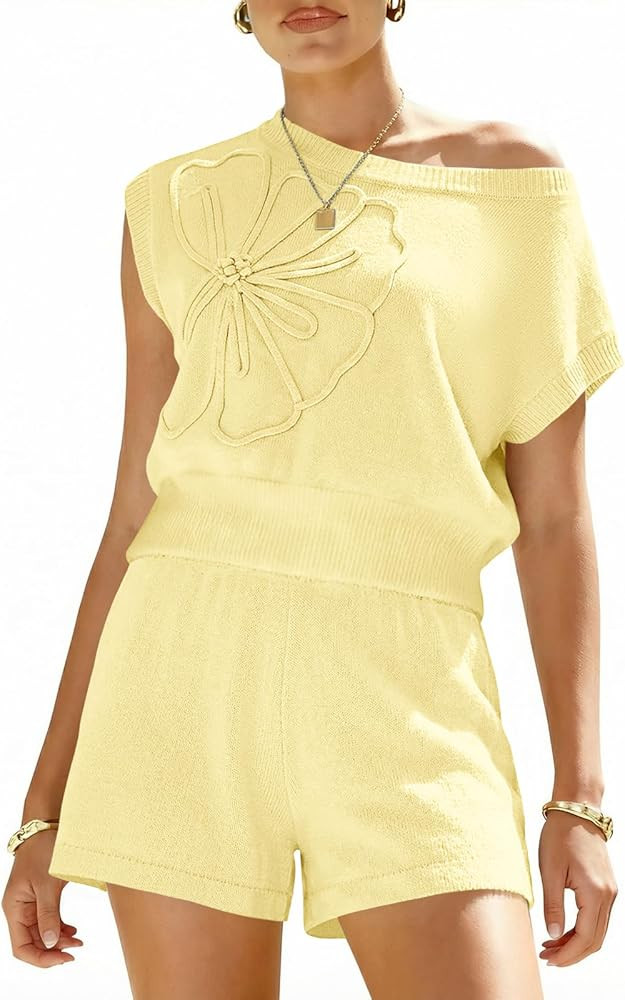 Saodimallsu Womens Off The Shoulder 2 Piece Sweater Sets Short Sleeve Floral Tops Summer Matching... | Amazon (US)