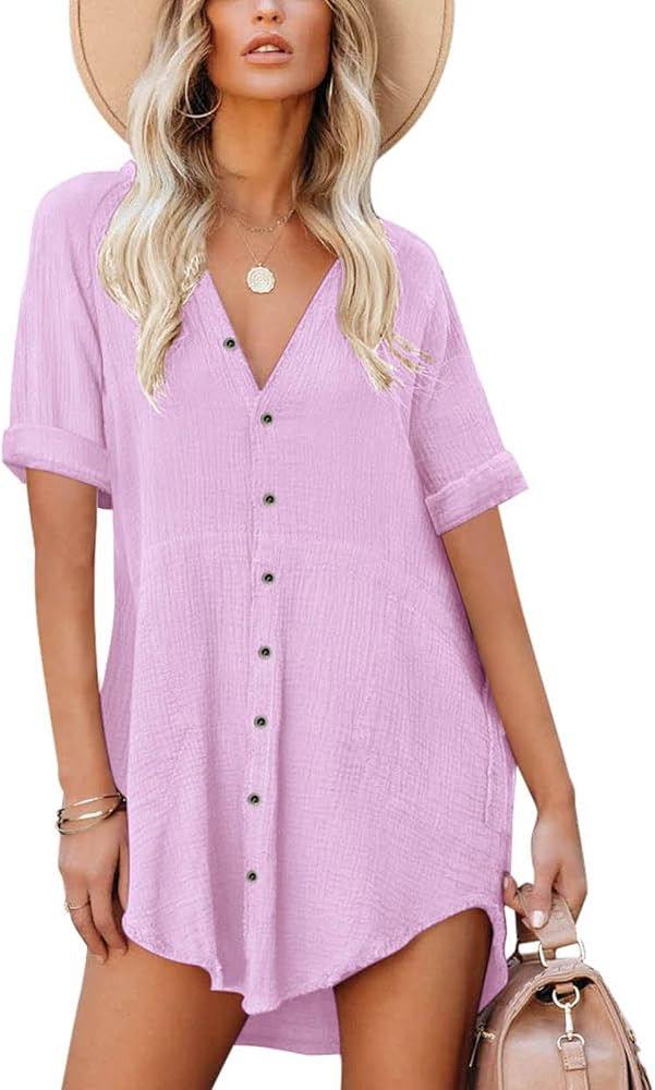 Paintcolors Women's Cotton Button Down Shirt Short Sleee Dresses Tunics Oversized Beach Cover up ... | Amazon (US)