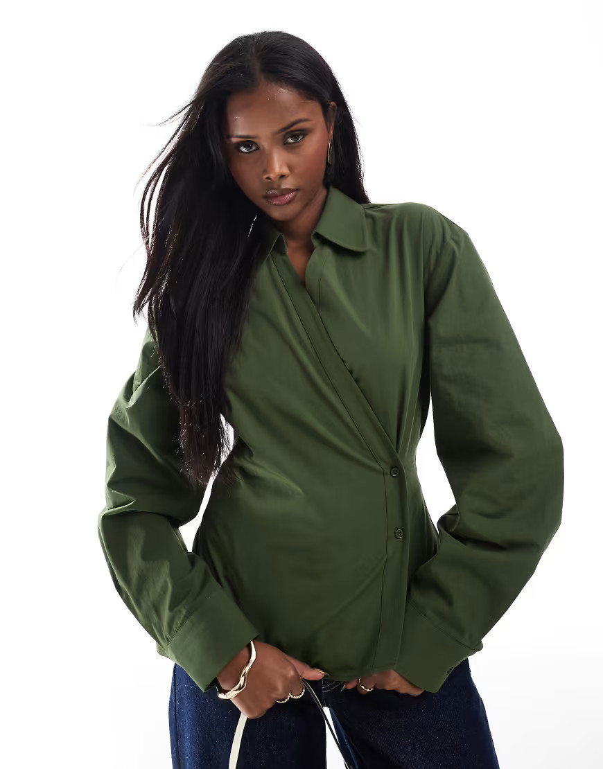 ASOS DESIGN wrap shirt with cocoon sleeve in khaki-Green | ASOS (Global)