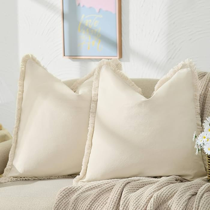 ZWJD Pillow Covers 18x18 Set of 2 Beige Throw Pillow Covers with Fringe Chic Cotton Decorative Pi... | Amazon (US)