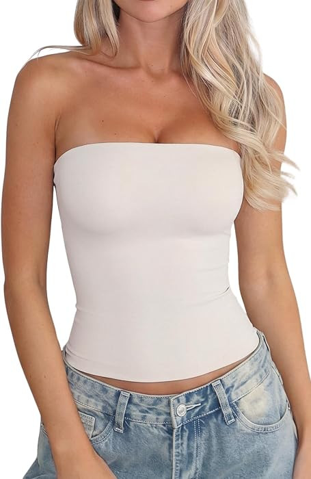 QINSEN Women's Tube Top Double Lined Strapless Bandeau Top Summer Slim Fit Going Out Tank Tops | Amazon (US)