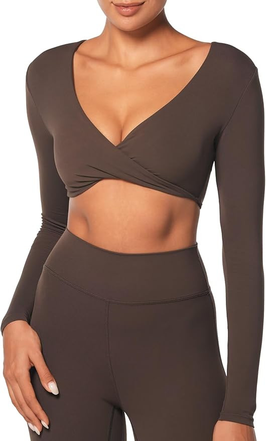 Sunzel Women's Long Sleeve Crop Top Buttery Soft Deep V Twist Workout Tee with Compression for Yo... | Amazon (US)