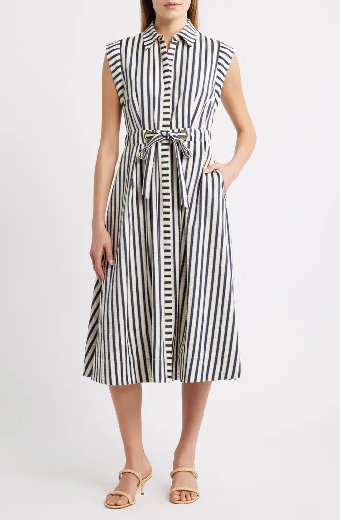 Stripe Belted Seersucker Midi Shirtdress | Nordstrom