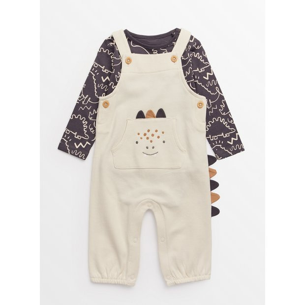 Buy Charcoal Dinosaur Print Bodysuit & Cream Dungarees Set 6-9 months | Outfits and sets | Tu | Tu Clothing