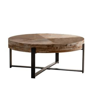 Natural Metal and Wood Modern Retro Splicing Round Coffee Table, Fir Wood Table Top with Cross Legs Metal Base | The Home Depot