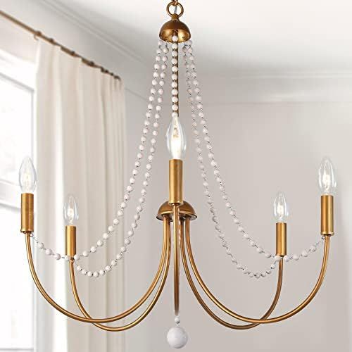 Gold Chandelier, 5-Light Chandeliers for Dining Room, 25" Chandelier Light Fixture with Wood Beads f | Amazon (US)