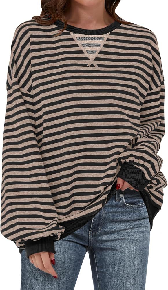 ANRABESS Women Striped Oversized Sweatshirt Long Sleeve Crewneck Hoodies Shirts 2024 Fall Pullove... | Amazon (US)