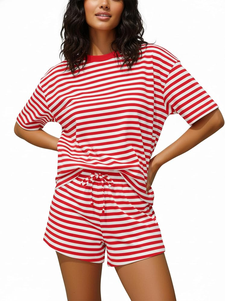 Women Striped 2 Pieces Lounge Set Stripes Short Sleeve Tshirts Drawstring Shorts Two Pieces Summe... | Amazon (US)