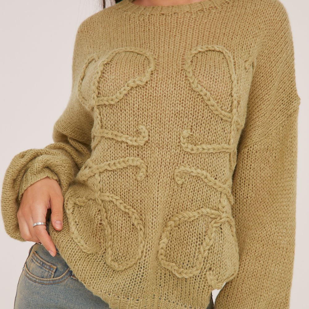 Long Sleeve Swirl Detail Jumper In Olive Green Knit | Ego Shoes (UK)