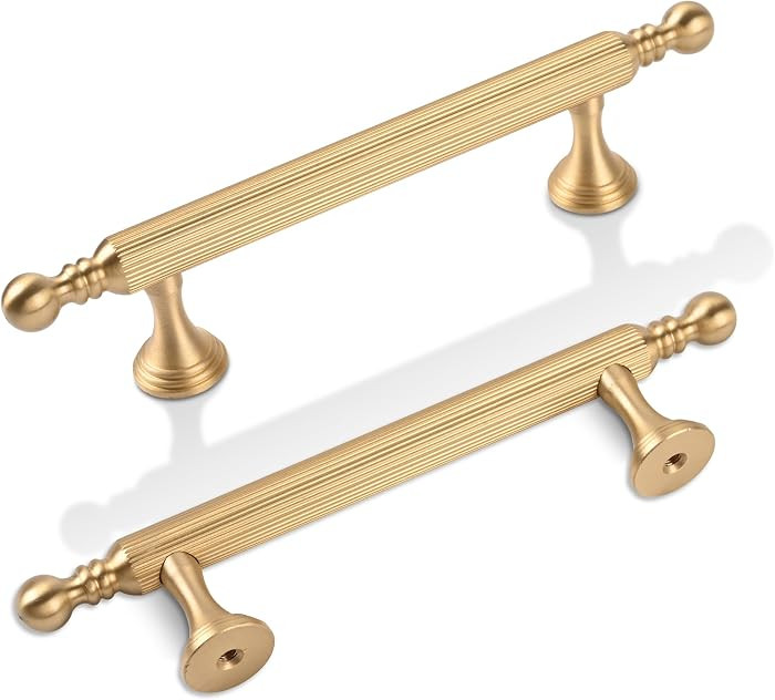 SALISENG-5 Pack Solid Brass Kitchen Cabinet Handles，3-3/4 Inch Gold Dresser Drawer Pulls, Moder... | Amazon (US)
