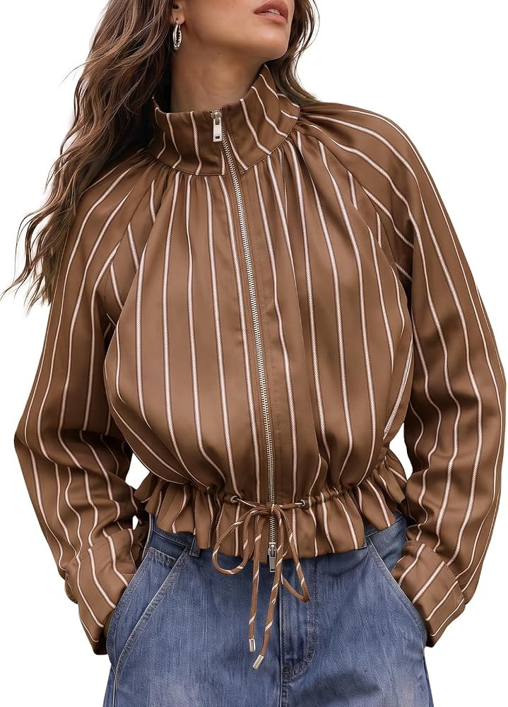 Fisoew Womens Casual Striped Jackets Stand Collar Zip Up Fall Cropped Coat | Amazon (US)