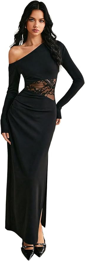 GORGLITTER Women's Lace Asymmetrical Neck Patchwork Maxi Dresses Fall One Shoulder Long Sleeve Ve... | Amazon (US)