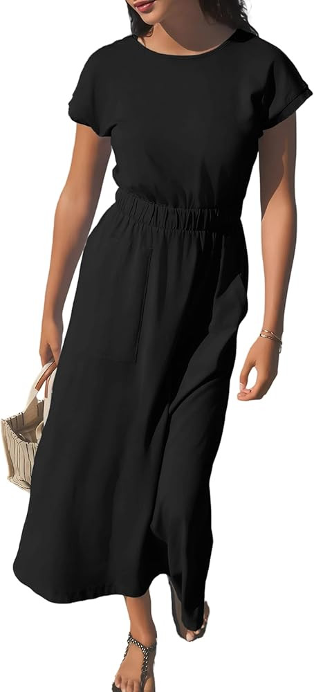 Daacee Women’s 2025 Summer Midi Cotton Dresses Casual Elastic Waist Capped Sleeve Backless T Sh... | Amazon (US)