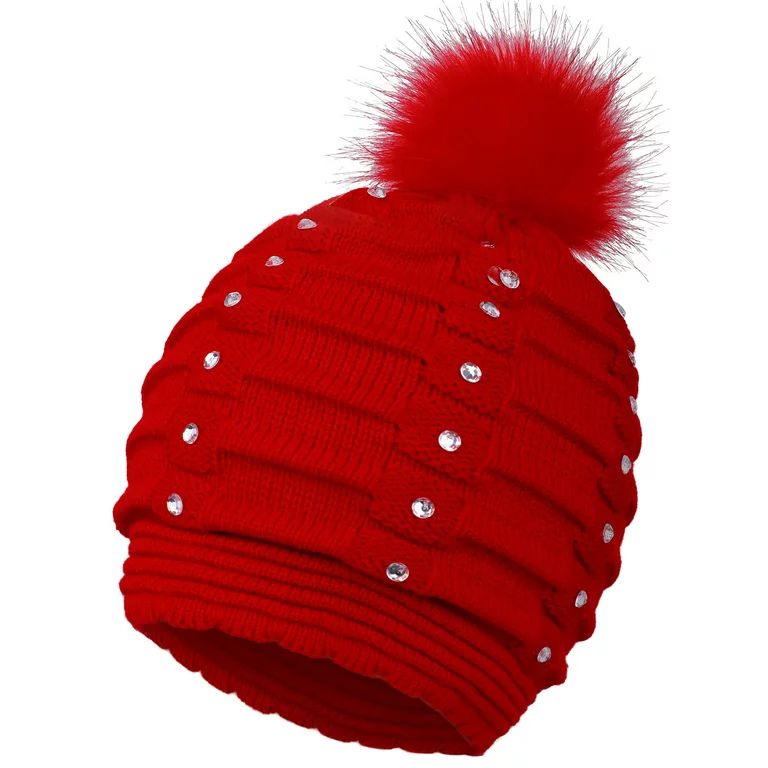 Winter Warm Beanie for Women Knitted Sequins Pompom Beanie Hat Red - Walmart.com | Walmart (US)