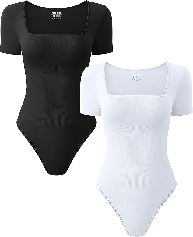 OQQ Women's 2 Piece Bodysuits Sexy Ribbed One Piece Square Neck Short Sleeve Bodysuits | Amazon (US)