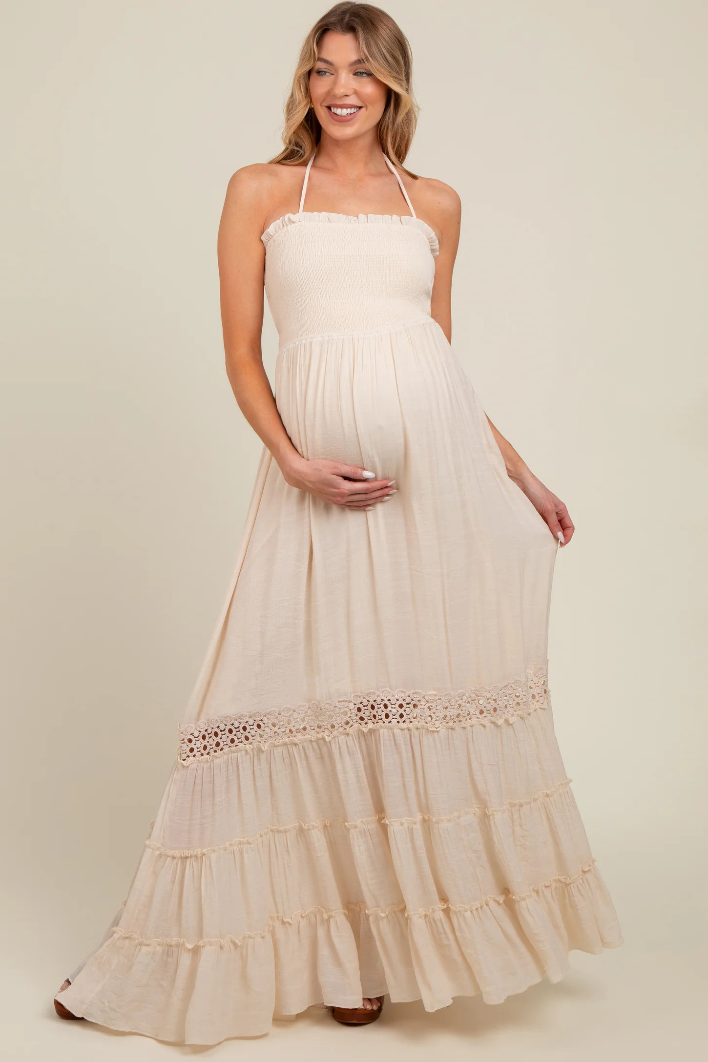 Cream Smocked Open Back Maternity Maxi Dress | PinkBlush Maternity