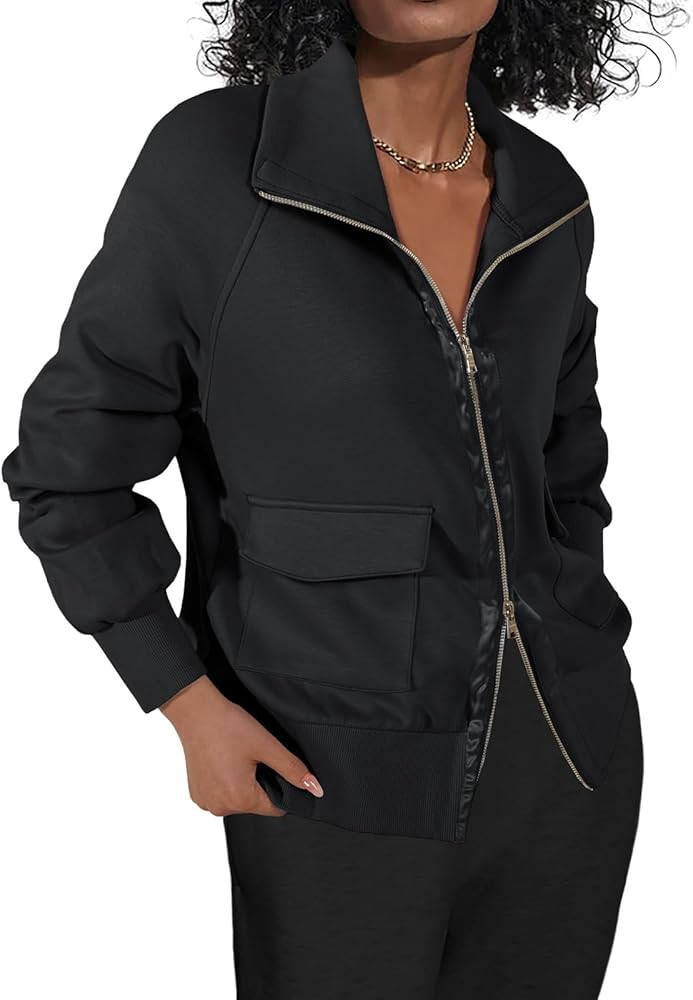 Fisoew Women's Zip up Sweatshirt Collared Neck Long Sleeve Loose Casual Lightweight Jacket with P... | Amazon (US)