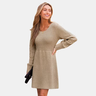 Women's Cozy Knitted Sweater Dress with Cable Knit Sleeves - Cupshe-M-Brown | Target
