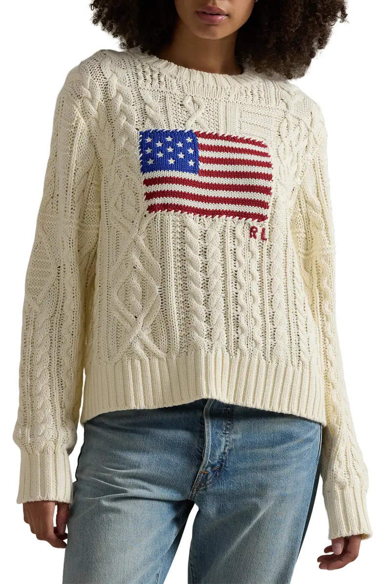 Aran Stitch American Flag Cotton Crewneck Sweater | Nordstrom